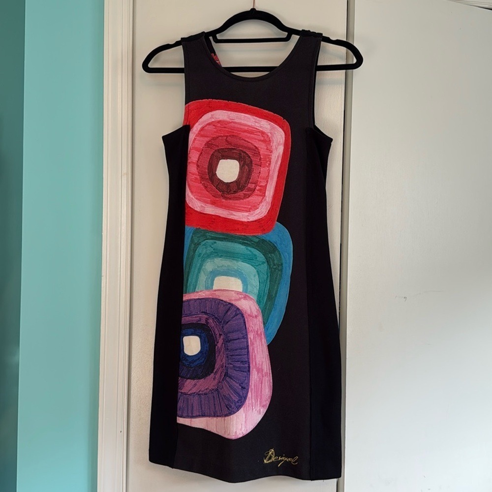 Desigual Black Sleeveless Graphic Print Shift Mini Dress Artistic Squares